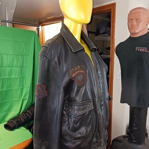 retro leather coat Large 80's with patches  wake up